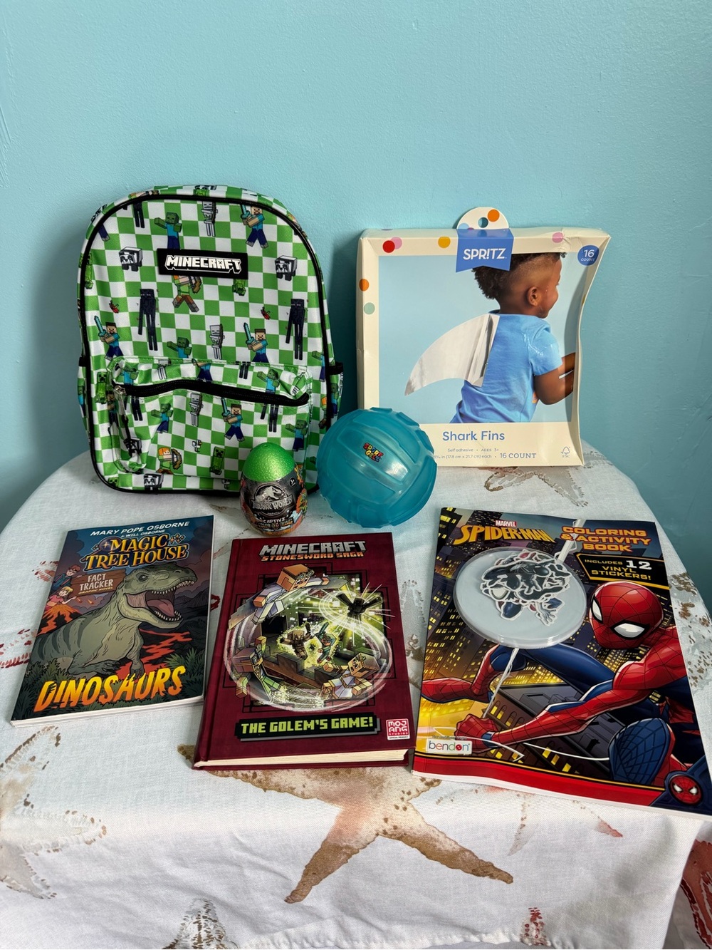 Minecraft backpack, books, flippers, toys